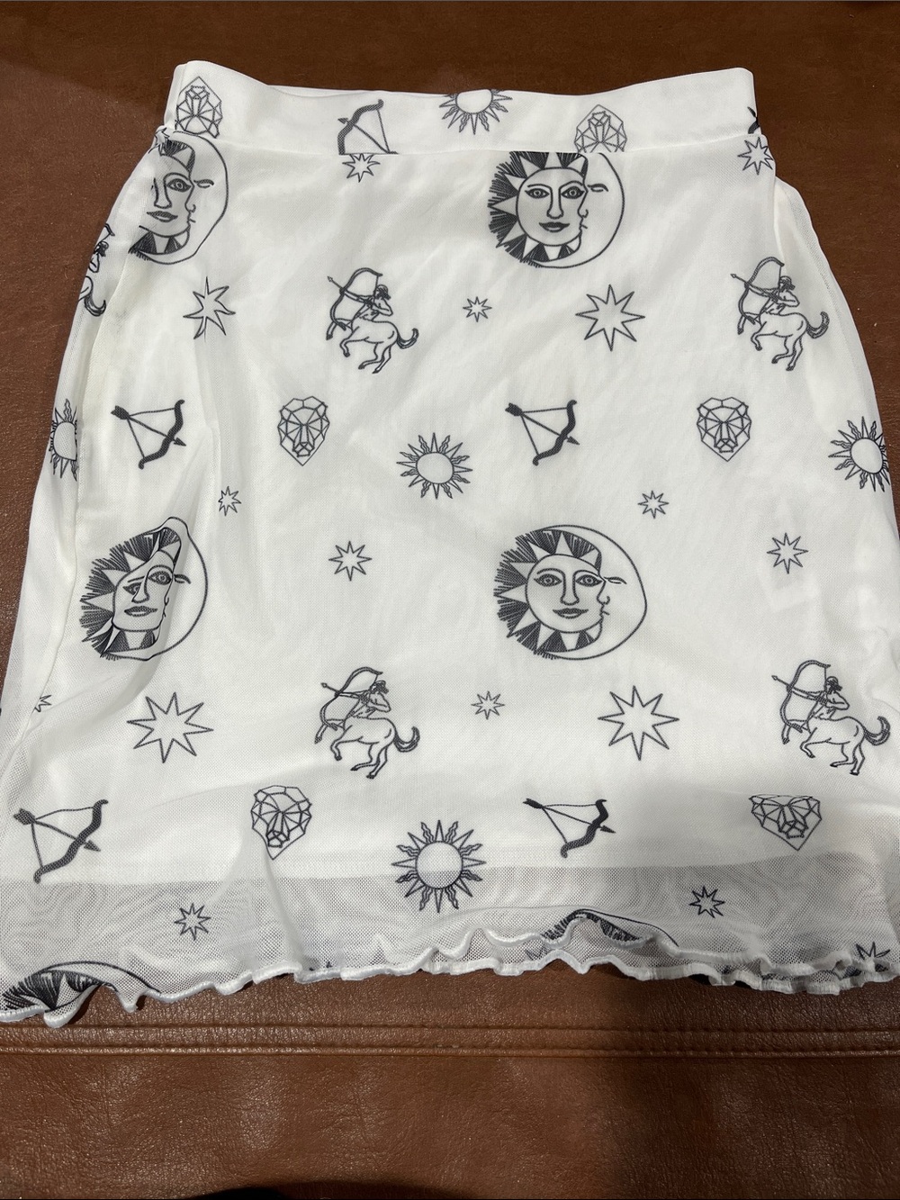 White Zodiac Print A-Line Midi Skirt with Black Motifs